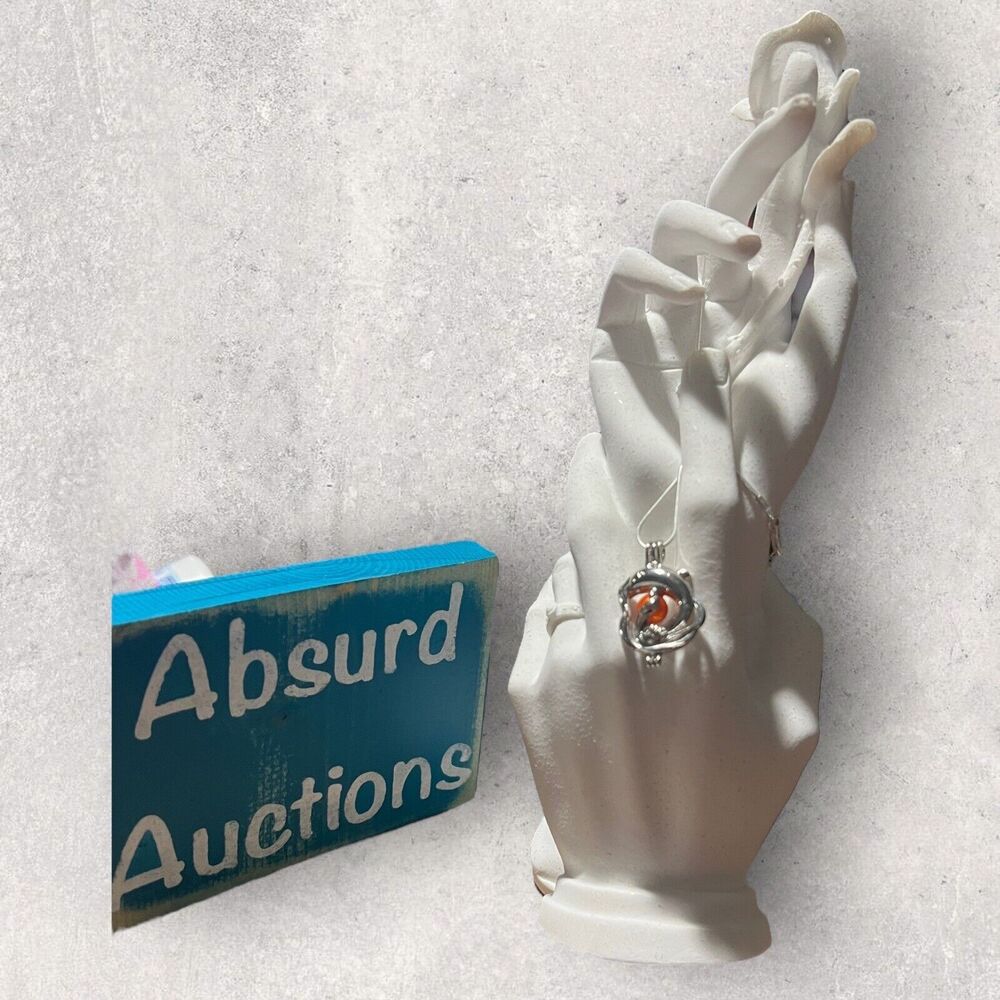 Silver Dolphin Shaped Pearl Cage Pendant Necklace with Orange Pearl